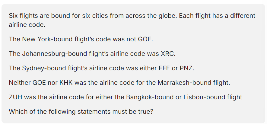 <p>A. The airline code for the Bangkok-bound flight was GOE.</p><p>B. The airline code for the Lisbon-bound flight was ZUH.</p><p>C. The airline code for the Marrakesh-bound flight was FFE.</p><p>D. The airline code for the New York-bound flight was KHK.</p>