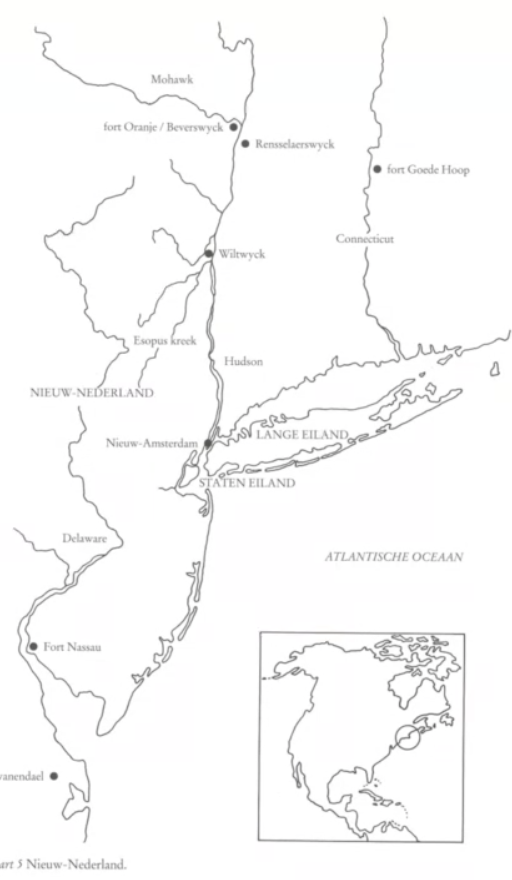 <ul><li><p>1609: explored (Hudson)</p></li><li><p>1615: first fortification</p></li><li><p>1623: province</p></li><li><p>1626: purchase of manhattan (island, very cheap)</p><ul><li><p>Peter Minuit (“Belgian”) &amp; new amsterdam (Island Man)</p></li></ul></li><li><p>1664: conquered by England</p><ul><li><p>New York</p></li></ul></li></ul>