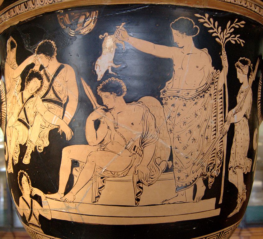 <p>Eumenides Painter: Apulian red-figure bell-krater - Purification of Orestes at Delphi, Greek, c. 380-360 BCE</p>