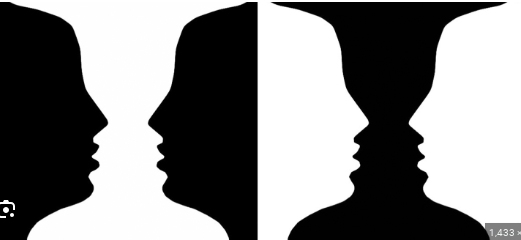 <p>The organization of the visual field into objects (the figures/faces) that stand out from their surroundings (The ground).</p>