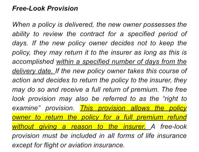 <p>The free-look provision gives the policyowner</p><ul><li><p>the right to return the policy for a partial refund within a specified number of days</p></li><li><p>the right to contest the terms of the policy</p></li><li><p>the right to change a policy provision</p></li><li><p>the right to return the policy for a full refund within a specified number of days</p></li></ul>