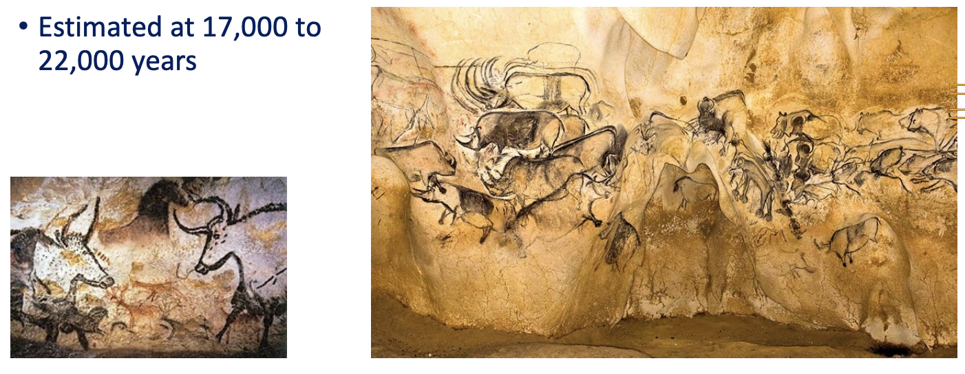 <p><span><span>cave drawings from 17000-22000 years ago, depicting a scene of (subjective interpreatation) people on a savanna with animals</span></span></p>