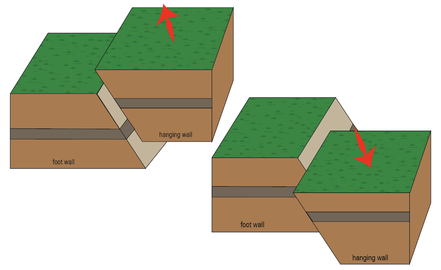 <p><strong>Hanging wall</strong> = block of rock that lies <strong>above</strong> fault plane</p><p><strong>footwall</strong> = block of rock that lies <strong>below</strong> fault plane; <strong>stationary</strong> block against which hanging wall moves</p>