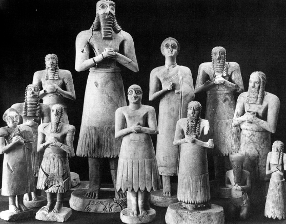 <p>Sumerian. 2,700 BCE. Small figurines from ancient Mesopotamia, typically made of gypsum or limestone, used in temples as offerings to the gods, representing worshippers in various poses of devotion. </p>