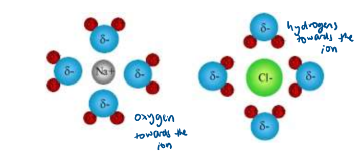 <p>polar: part of the molecule is slightly positive and part is slightly negatively charged<br>positive ion attracted to negative<br>negative ion attracted to positive</p>