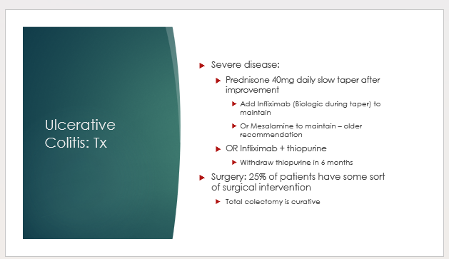 <p>similar to chrons</p><p>Prednisone + Infliximab or mesalamine</p><p>or infliximab + thiopurine</p><p>- surgery!</p>