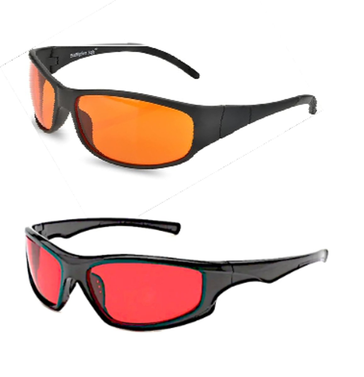 <p>glare - shorter wavelength light has a higher sensitivity under both scotopic and photopic conditions for rods (compared to long wavelengths)</p><p>red glasses will block a lot of light reducing the bleaching of their rods</p>