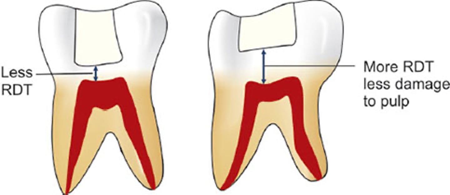 <p>RDT is the single most important factor in pulpal protection:</p><p>____ mm thickness of dentin protects pulp by 75%</p><p>1.0 mm thickness of dentin protects pulp by 90%</p><p>Little pulpal reaction occurs when there is an RDT of ____</p><p>mm or more!!!</p>