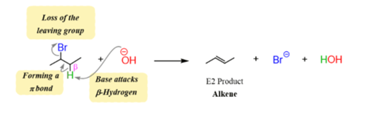 <p>1. Leaving group leaves, hydrogen on beta carbon removed and double bond formed between alpha and beta carbon.</p>
