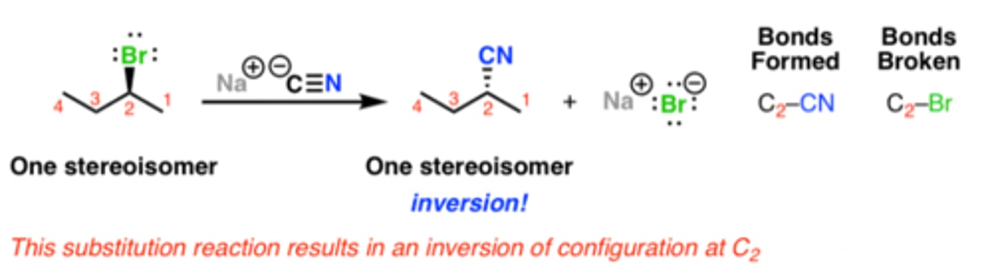 <p>1. Leaving group leaves and nucleophile backside attack</p>