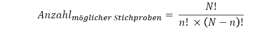 <p>Die <strong>Anzahl der möglichen Stichproben</strong> ergibt sich aus dem Verhältnis der Elemente der Population (N) und der gewünschten Stichprobengröße (n).</p>