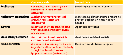 <p>Compare and contrast cancer cells with normal cells</p>