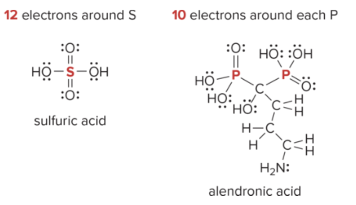 <p>Hydrogen: only needs 2 e-</p><p>boron and beryllium: do not have enough valence e- to form an octet in a neutral molecule</p><p>phosphorus and sulfur: may have more than eight e- </p>
