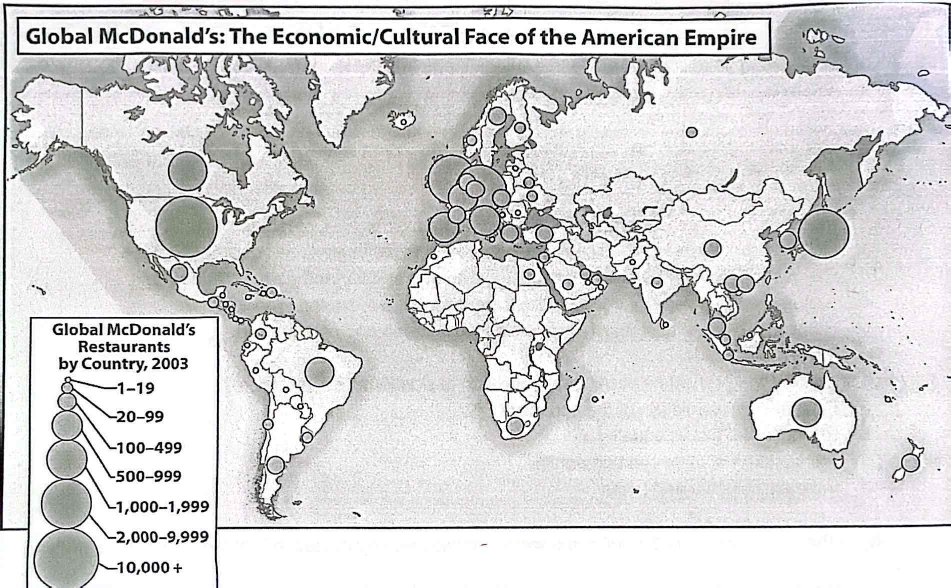 <p><strong>15-7. </strong>The map showing the global distribution of McDonald's highlights which aspect of the so-called American empire?<br><br>a) Counterculture<br>b) Soft power<br>c) Cultural revolution<br>d) Grassroots democracy</p>
