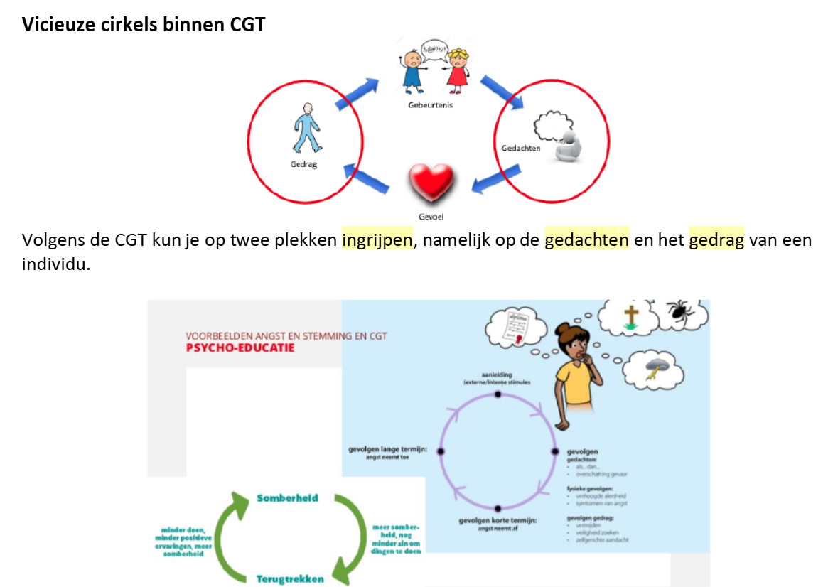 <p>Volgens CGT ingrijpen op 2 plekken:</p><ol><li><p>gedachten</p></li><li><p>gedrag</p></li></ol><p></p>