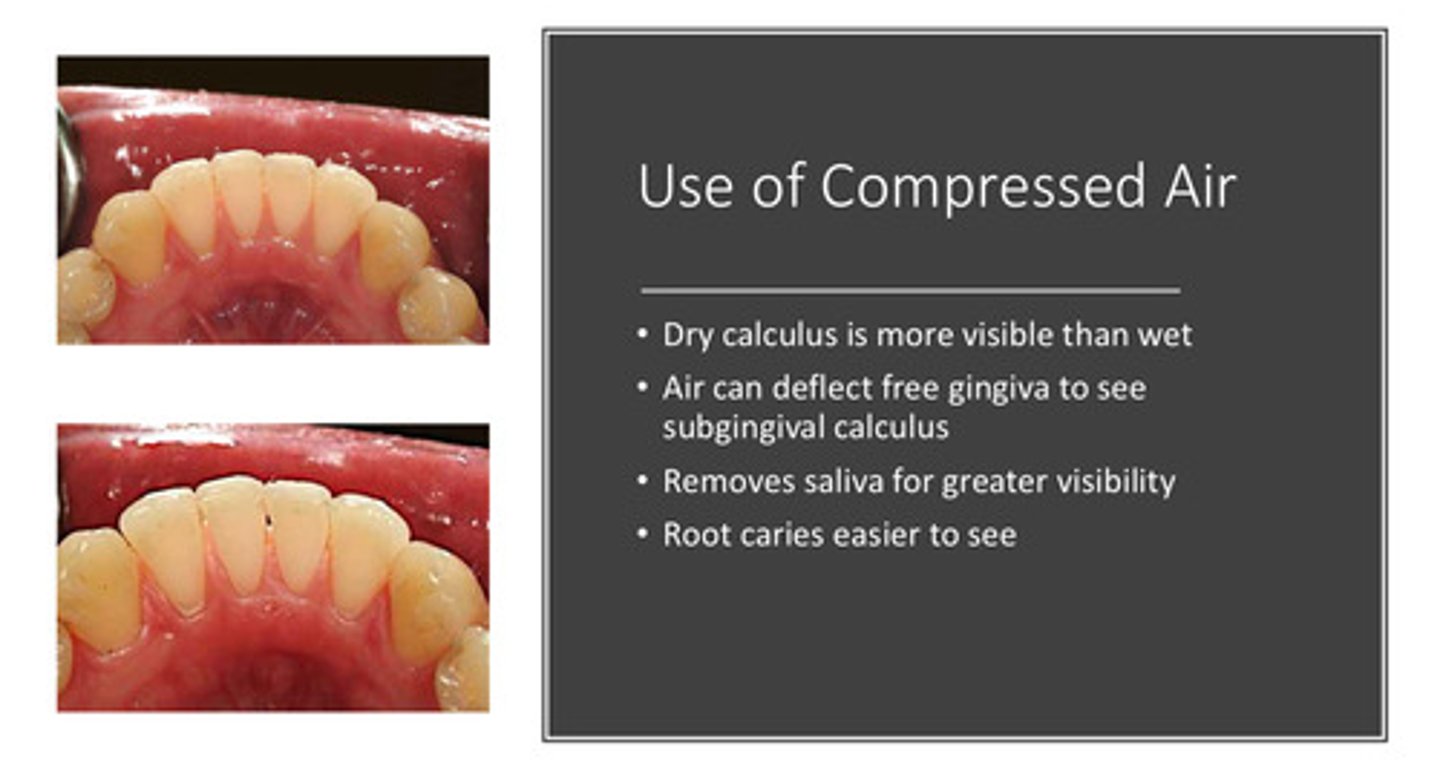 <p>1) dry calculus is more visible than wet</p><p>2) air can deflect the free gingiva to see subgingival calculus</p><p>3) removes saliva for greater visibility</p><p>4) root caries are easier to see</p>