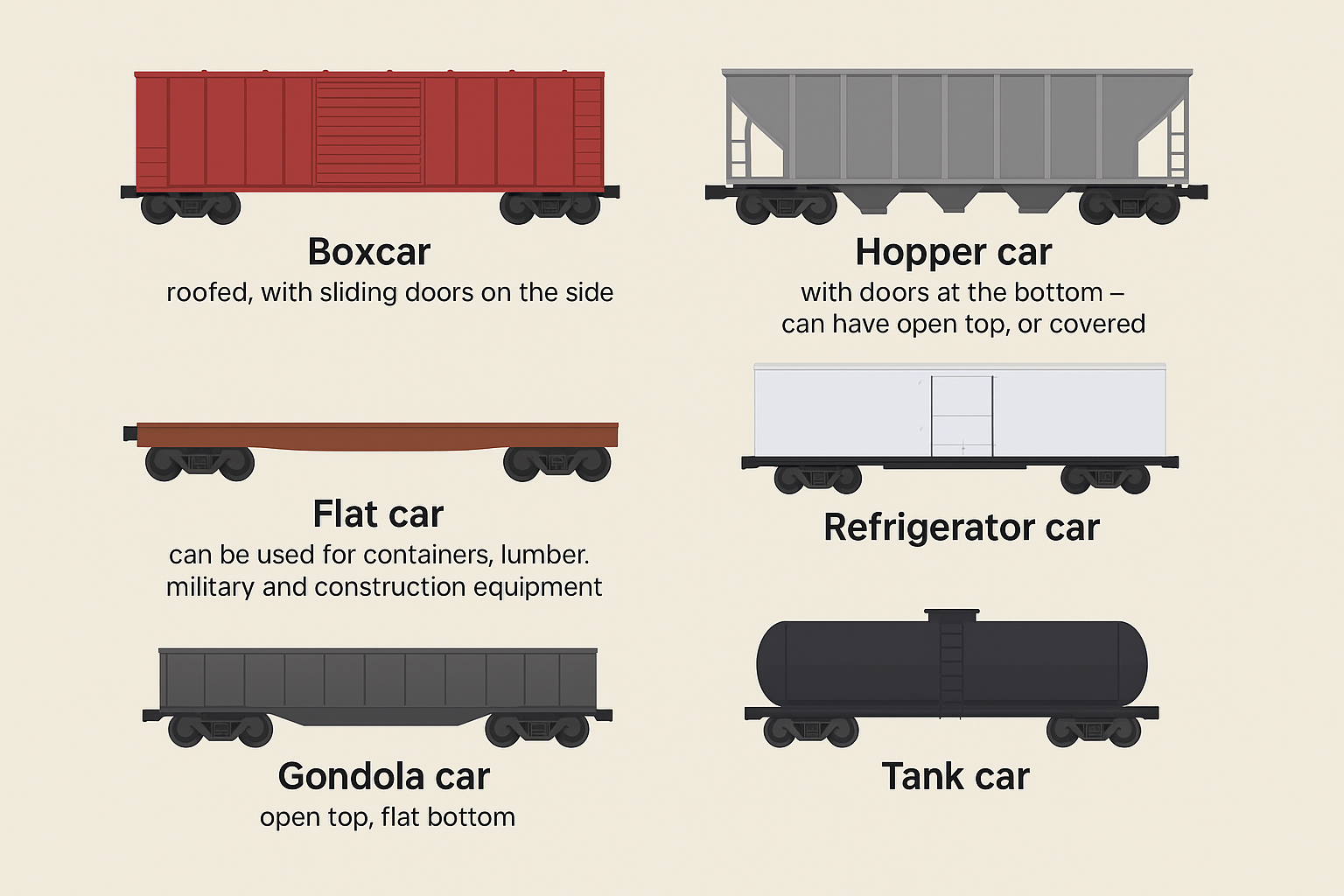 <ul><li><p><span><span>Boxcars (roofed, with sliding doors on the side) – used for general commodities</span></span></p></li><li><p><span><span>Hopper car with doors at the bottom – can have open top, or covered</span></span></p></li><li><p><span><span>Flat car (can be used for containers, lumber, military and construction equipment)</span></span></p></li><li><p><span><span>refrigerator car</span></span></p></li><li><p>Gondola car (open top, flat bottom)</p></li><li><p>Tank car</p></li></ul><p></p>