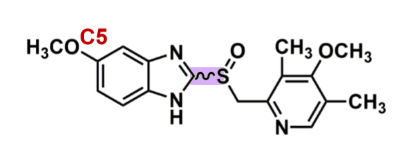<ul><li><p><u>pharmacophore:</u> <strong>benzimidazole </strong></p></li><li><p>racemic mixture </p></li><li><p>C5 = EDG - increase nucleophilicity and allow for protonation</p></li><li><p>Pyridine: substituents are EDG - increase nucleophilicity and allow for protonation</p></li></ul>
