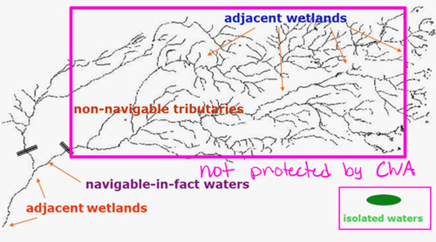 <p>1. must be adjacent to a "WOTUS" (relatively permanent navigable water)</p><p>2. must have continuous surface connection making it difficult to determine where the water ends and the wetland begins</p>
