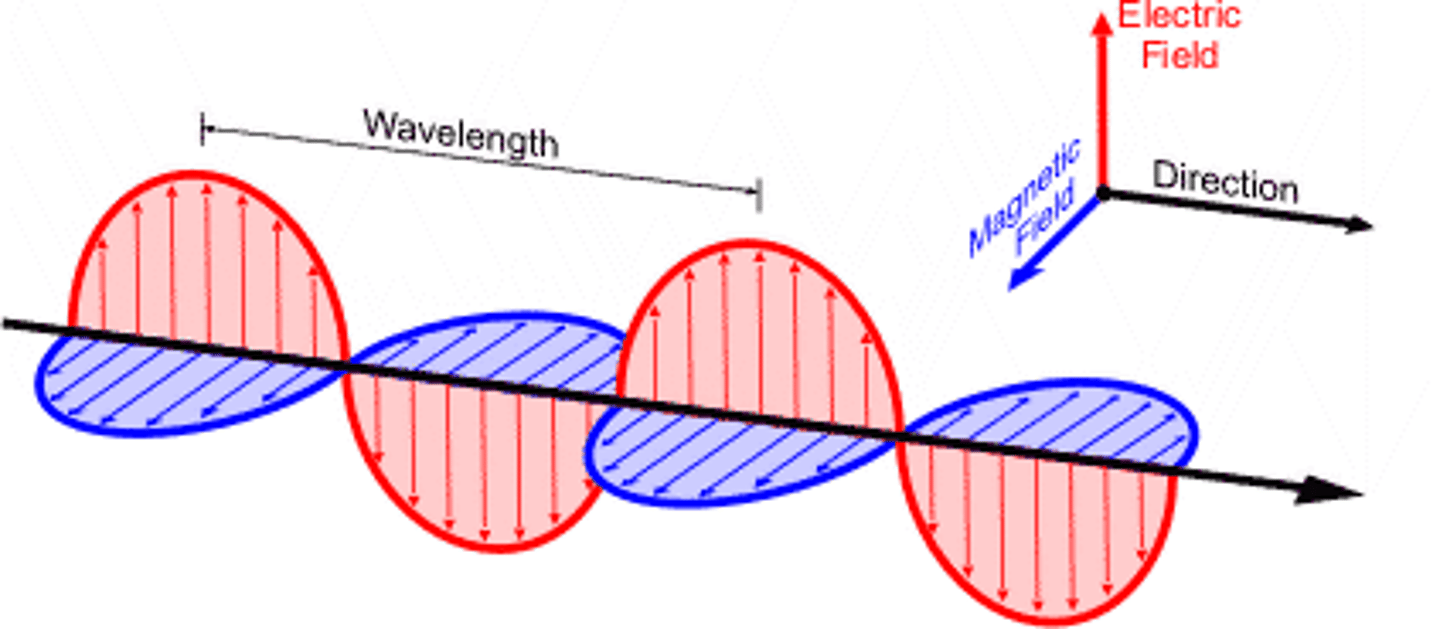 <p>transverse waves of oscillating electric and magnetic fields, perpendicular to each other and the direction of travel, moving at the speed of light in a vacuum</p>