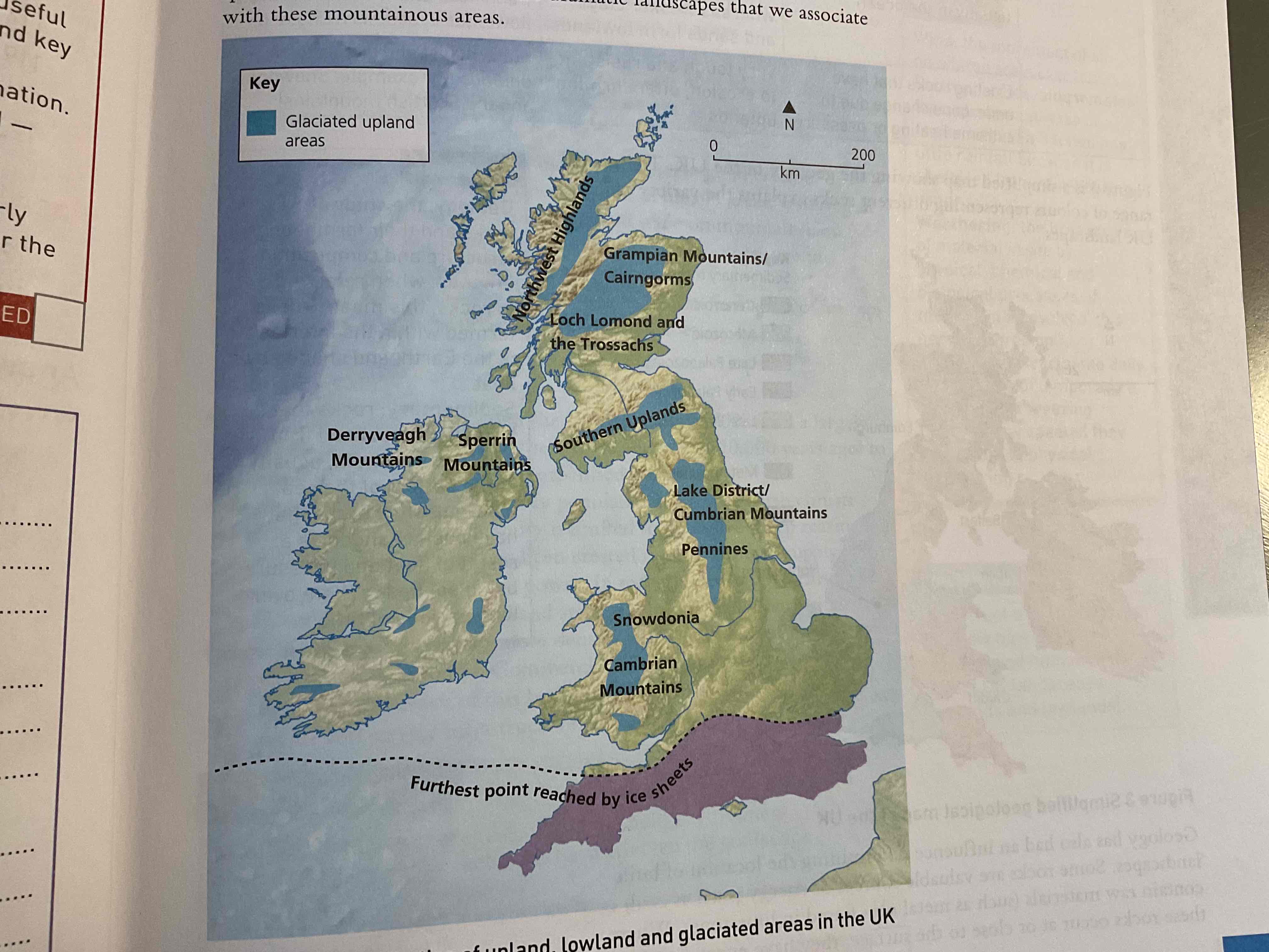 <p>What can you notice about the distribution of Uplands and lowlands in the UK from this image and how glaciers have effected this?</p>