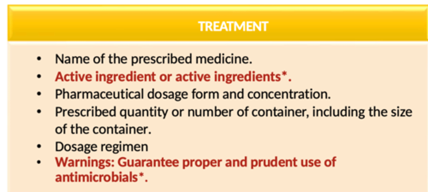 <p>-name of the medicine</p><p>-active ingredient(s)</p><p>-dosage form and concentration</p><p>-prescribed quantity or number of the container, including the container size</p><p>-dosage regimen</p><p>-warnings</p>