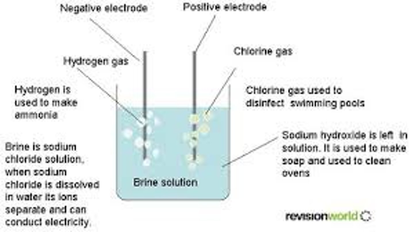 <p>in electrolytic cell with water, hydrolysis will occur creating H2 at the cathode and O2 at the anode</p><p>in electrolytic cell with NaCl, hydrolysis will occur creating H2 at cathode and Cl2 at anode</p>