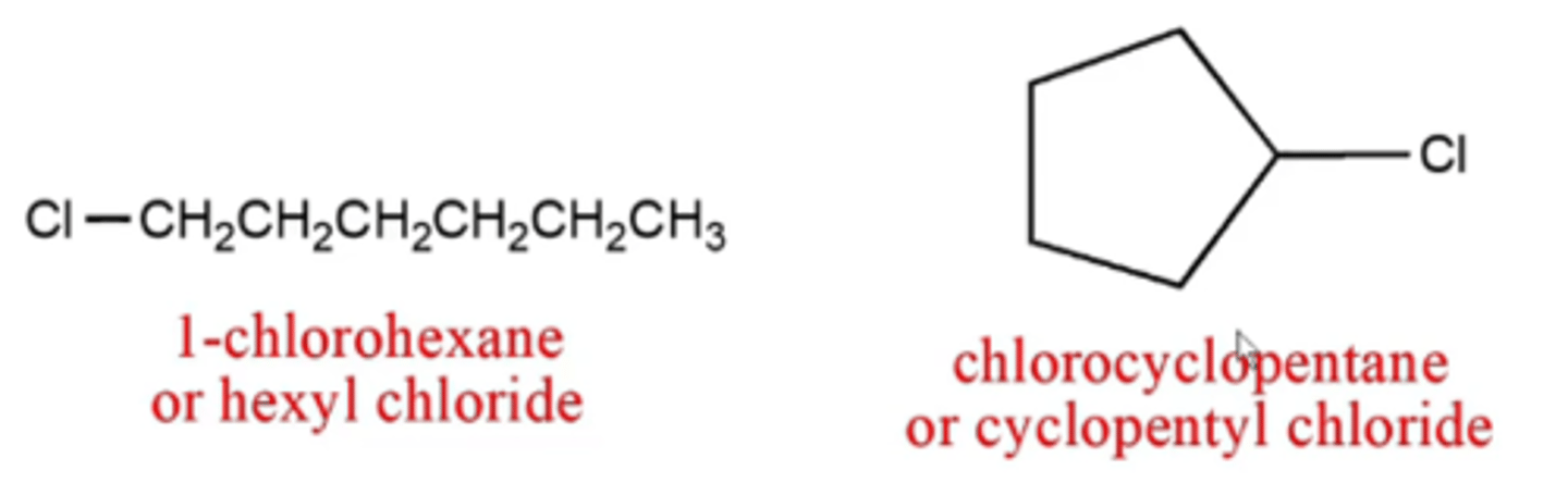 <p>the same as alkanes except:</p><p>-use prefixes "fluoro", "chloro", "bromo", or "iodo", with numbers, to identify each halogen substituent and its position</p>
