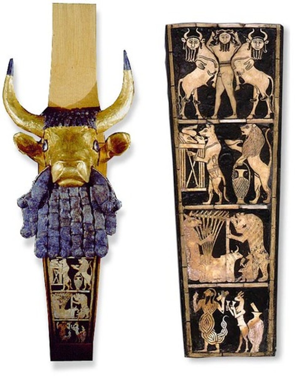 <p>art created during this time is usually stiff, made for religious purposes, blocky or crude but still decorative, carved from stone or sculpted with clay, painted/inlaid with gold or other valuable metals/gemstones; think of this style as the main predecessor of the Egyptian art style</p>