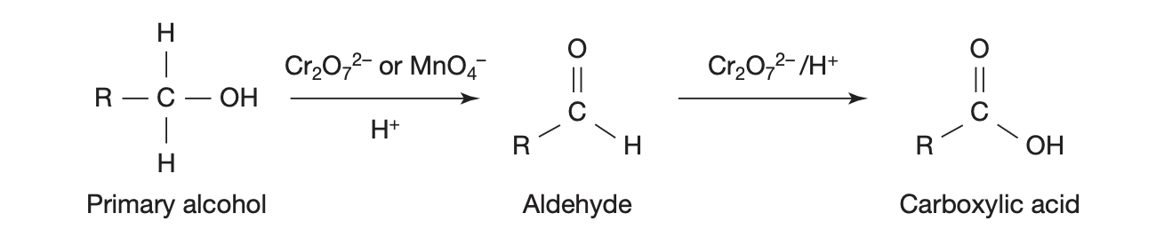 <ul><li><p>in presence of oxidant = MnO<sub>4</sub><sup>-</sup>/H<sup>+</sup> , Cr<sub>2</sub>O<sub>7</sub><sup>2-</sup>/H<sup>+</sup></p></li><li><p>primary alcohol → (loses some H) → aldehyde → (O added?) → carboxylic acid</p></li></ul><p></p>