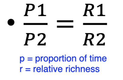 <p>-	Matching law is innate</p><p>-	Bisons grazing in a patch distribute themselves in terms of reward rate, move to richer patches - this is matching</p><p>Prob of being at one patch (P1) over another (P2) is equal to richness of patch 1 (R1) over richness of patch 2 (R2). </p>