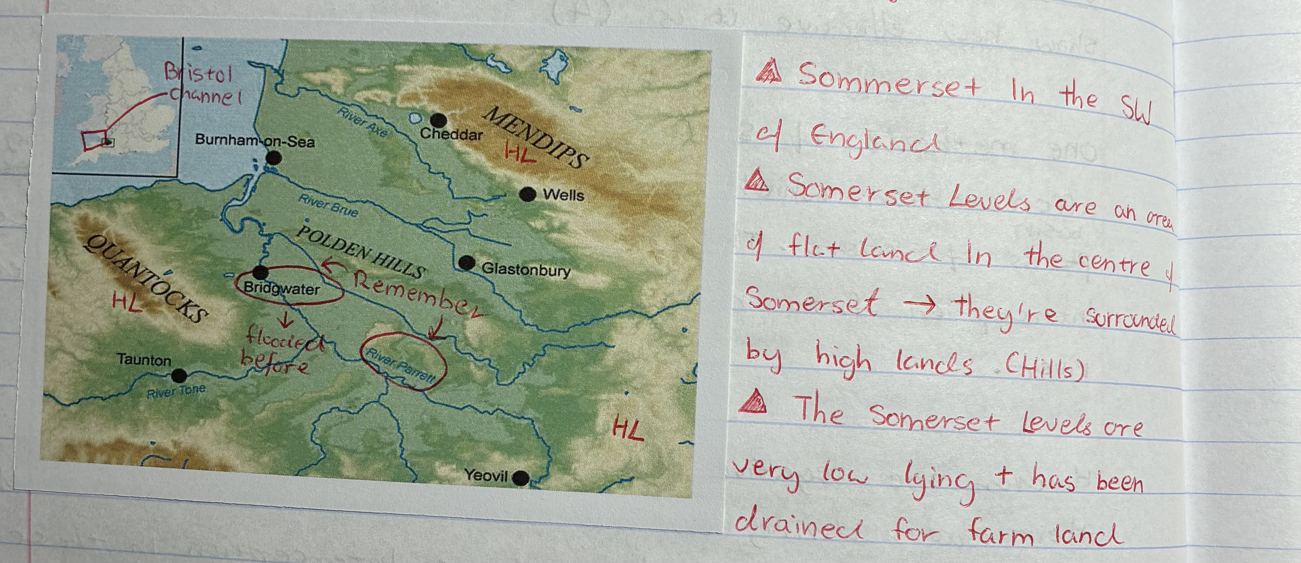 <ul><li><p>located at the SW of England</p></li><li><p>they are an area of flat land in the centre of Sumerset&nbsp;</p></li><li><p>surrounded by high lands (Hills)</p></li><li><p>it’s very low lying + has been drained for farm land</p></li></ul><p></p>