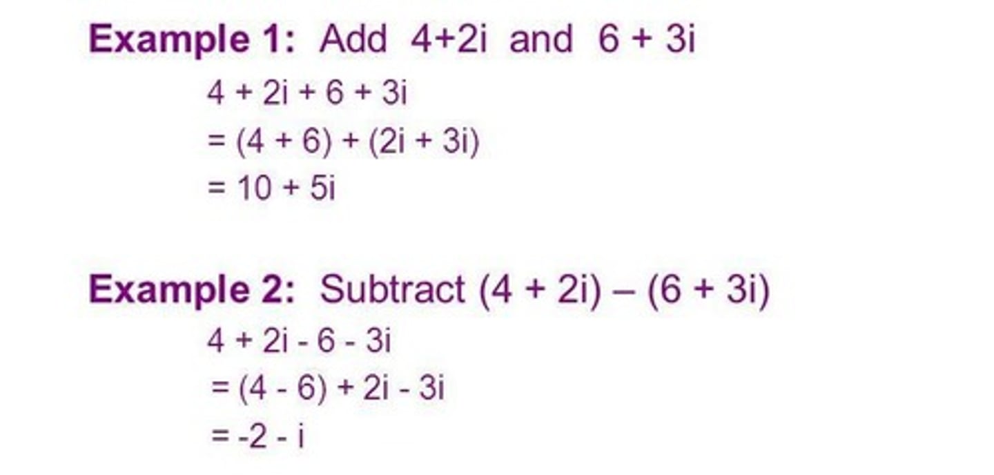 <p>(a+bi)+(c+di) = (a+c) + (b+d)i</p><p>Add real parts, then add the imaginary parts on, expressing the sum as a complex number</p>