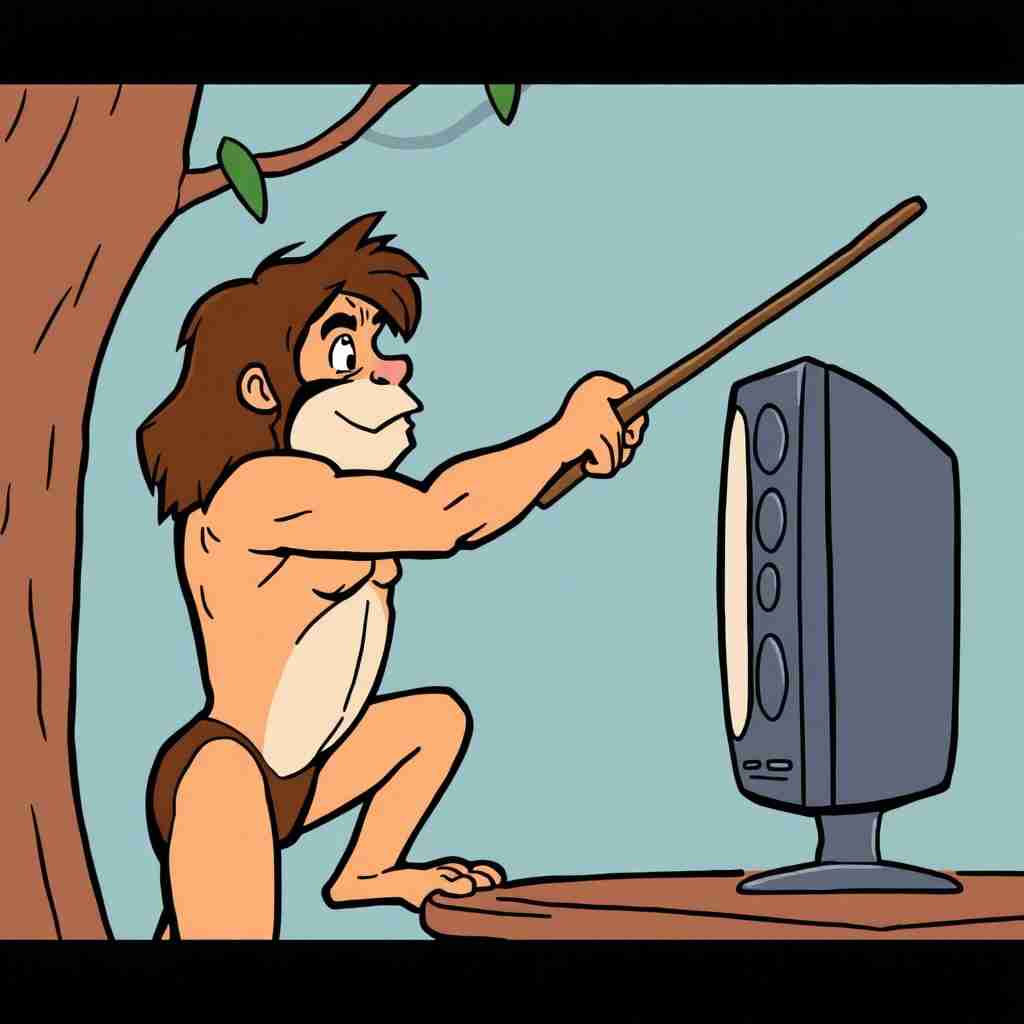 <p>Tarzan poking a tv(tv)</p>