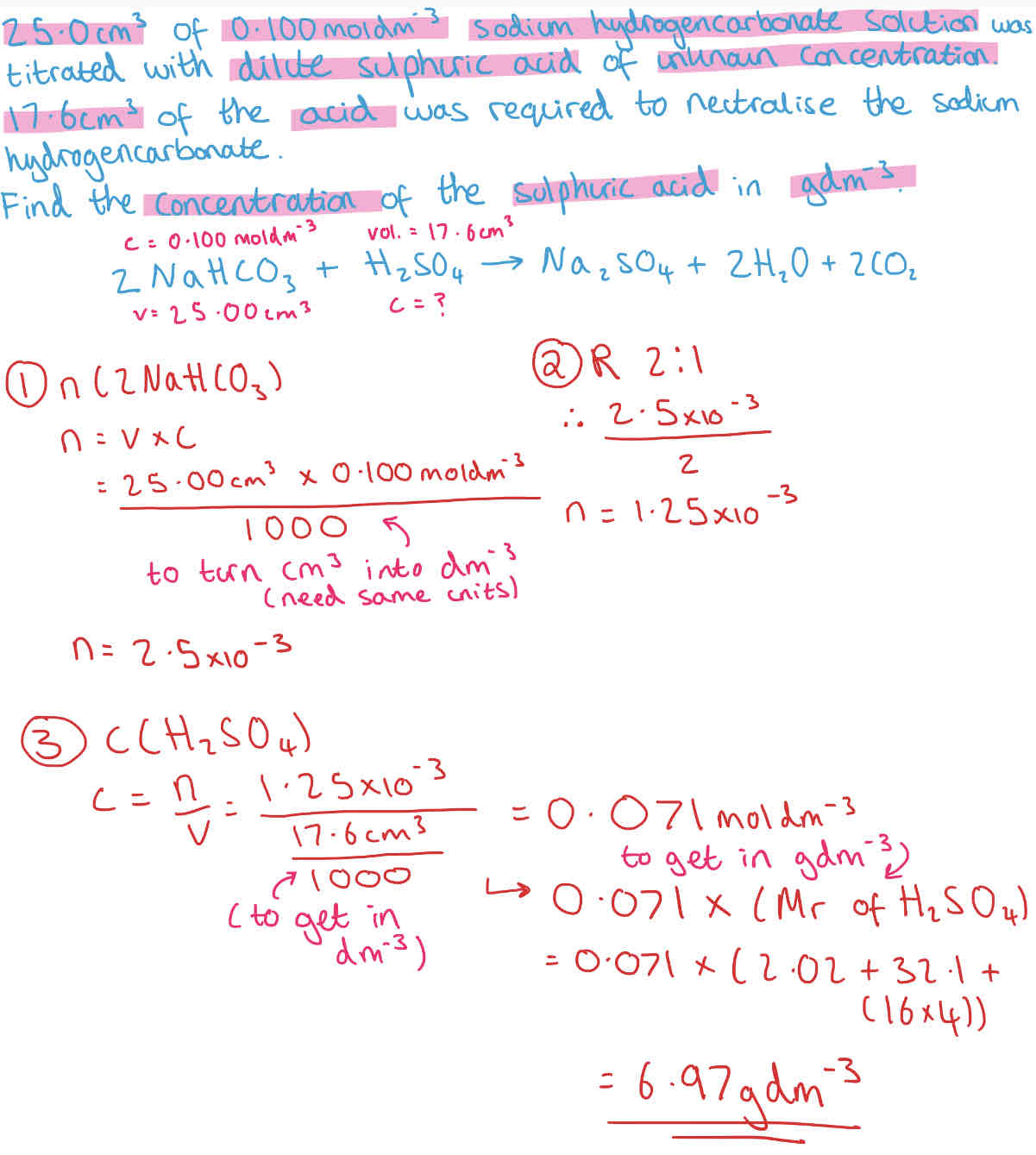 <p>To turn from g dm-3 to mol dm-3 you Divide by Mr.</p><p>To turn from mol dm-3 to g dm-3 you Multiply by Mr.</p><p>To turn cm3 into dm-3 you Divide by 1000.</p>