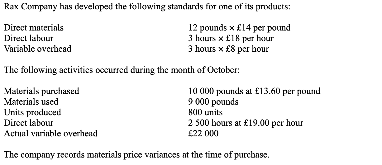 Rax’s variable standard cost per unit would be 

* 78
* 192
* 246
* 222