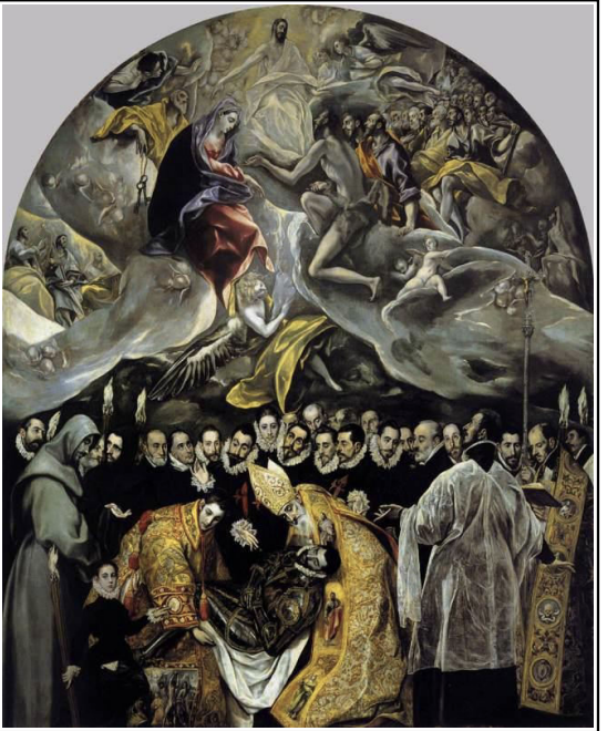<ul><li><p><span><strong>Style</strong>: Mannerism<br><br></span></p></li><li><p><span><strong>Key Features</strong>:<br><br></span></p><ul><li><p><span>A blend of realism and religious symbolism.<br><br></span></p></li><li><p><span>The burial scene of Count Orgaz, who was a local nobleman, depicted with angels and saints in the upper section of the canvas.<br><br></span></p></li><li><p><span>The earthly and divine are merged in the composition, with a contrast of realism in the lower part and a more ethereal, spiritual atmosphere in the top.<br><br></span></p></li></ul></li></ul><p><span><strong>Memorable Fact</strong>: El Greco’s ability to combine religious themes with the portrayal of real people was groundbreaking for the time.<br></span></p>