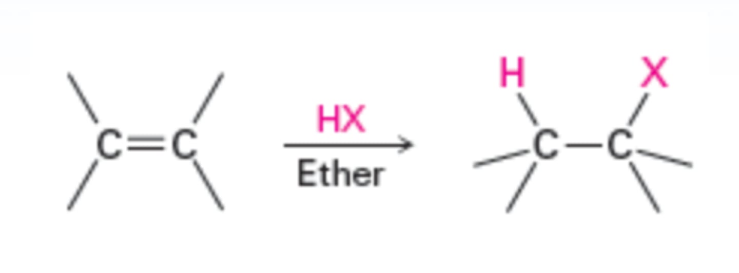 <p>Addition of HCl, HBr, HI Markovnikov regiochemistry occurs, with adding to the less highly substituted alkene carbon and halogen adding to the more highly substituted carbon.</p>