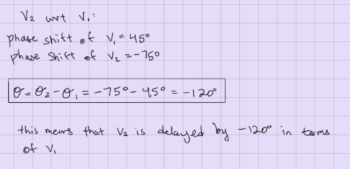 <p>this is how you determine if v2(t) is advanced or delayed wrt. v1(t) </p><ul><li><p>v2(t) and v1(t) must be set to the same angular freq  </p></li></ul><p></p>