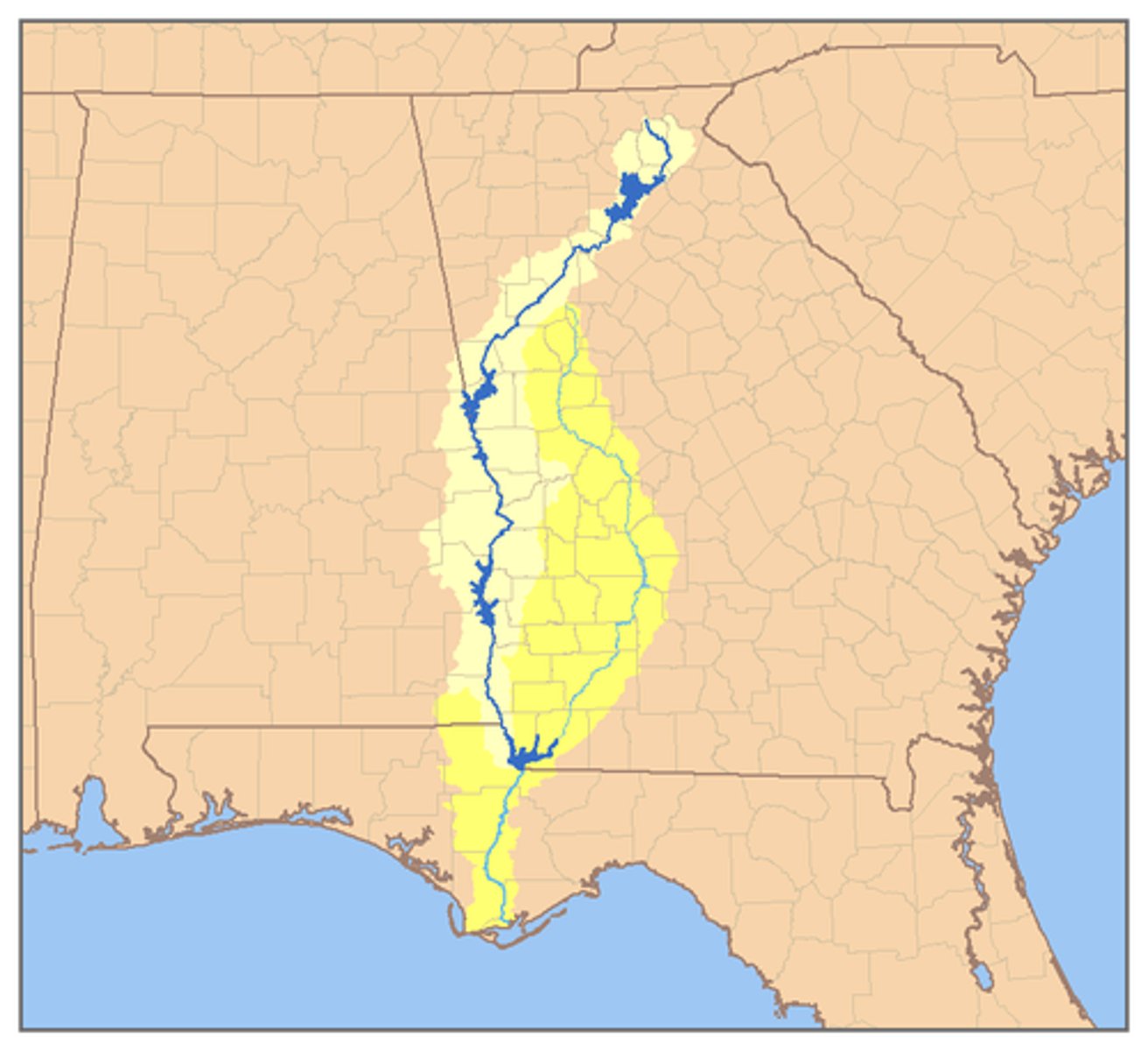 <p>Physical feature that forms part of the border between Georgia and Alabama; originates in the Blue Ridge</p>