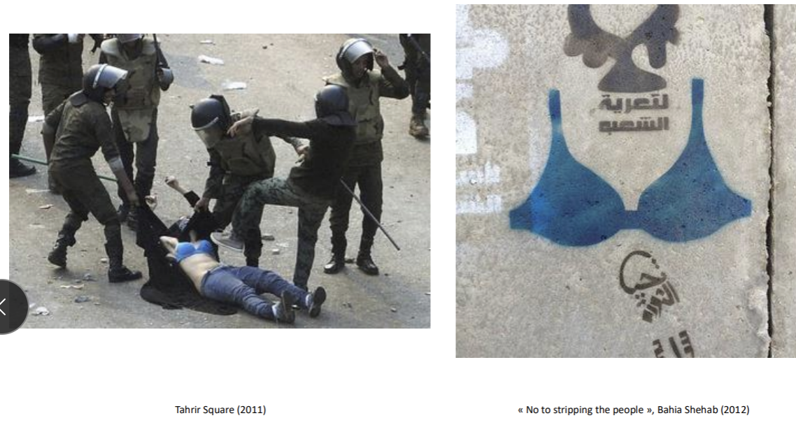 <ul><li><p>FEMEN (slut walks etc)</p></li><li><p>PETA (Fur? I’d rather go naked)</p></li><li><p>Tahrir Square, 2011 (“No to Stripping the People”)&nbsp;</p></li></ul><p></p>