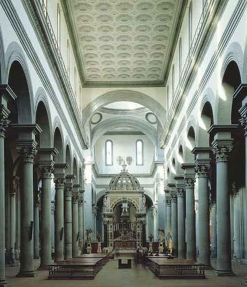 * Greek/Roman columns, not a Gothic compound
* Flat roof compared to arched gothic roofs of cathedrals
* Rounded arches (more greek/roman) compared to pointed arches of gothic style
* Laid out mathematically in squares/ bay (uses darker stone to show basic unit so you can literally see the proportions of the squares)