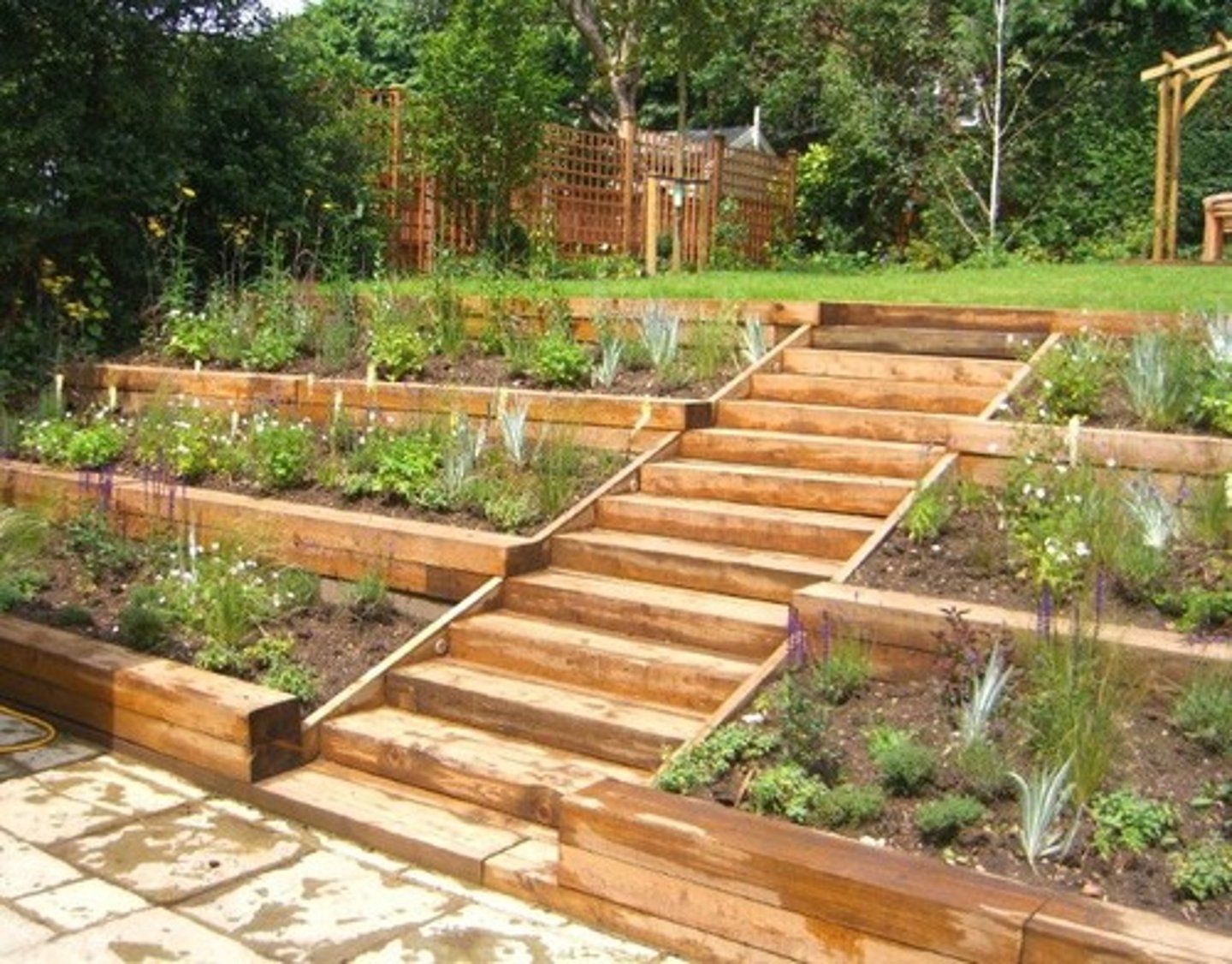 <p>/ˈterəst ˈɡɑːdən/ • Phrase • A garden built on a series of terraces or steps • Vườn bậc thang • The terraced garden was beautifully landscaped.</p>