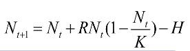 <p>If K=100, R=1.0 and N=70, what will happen to the population at the next time step if H=30?</p>