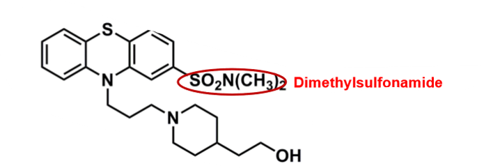<ul><li><p>pharmacophore: phenothiazine </p></li><li><p>polar dimethylsulfonamide @C2 </p><ul><li><p>decreases CNS penetration, EPS and half-life&nbsp;</p></li><li><p>sulfonamide, has risk of allergy&nbsp;</p></li></ul></li><li><p><strong>cyclic amine (piperidine) + alcohol group</strong></p><ul><li><p>more polar&nbsp;</p></li><li><p>better binding affinity to D2 receptor&nbsp;</p></li></ul></li></ul><p></p>