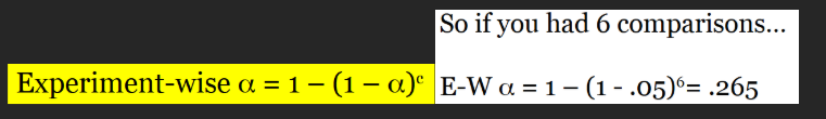 <p><span style="background-color: rgba(0, 0, 0, 0); line-height: 20.925px;">Each test has an alpha (0.05), but when you do many t-tests, your alpha would change - 1/20 but your doing many tests so if there is 20, 1 will have an error</span></p><ul><li><p class="Paragraph SCXW72963333 BCX8" style="text-align: left;"><span style="line-height: 20.925px;">If i had 6 comparisons and your making them at 0.05 it might be 6.5  </span></p></li></ul><ul><li><p class="Paragraph SCXW72963333 BCX8" style="text-align: left;"><span style="line-height: 20.925px;">You will make a type 1 error eventually  </span></p></li></ul><p></p>