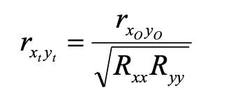 What the correlation would have been had the measures provided perfectly reliable scores?

The ratio of the observed correlation to the square root of the product of the reliabilities (i.e., *r*max).
