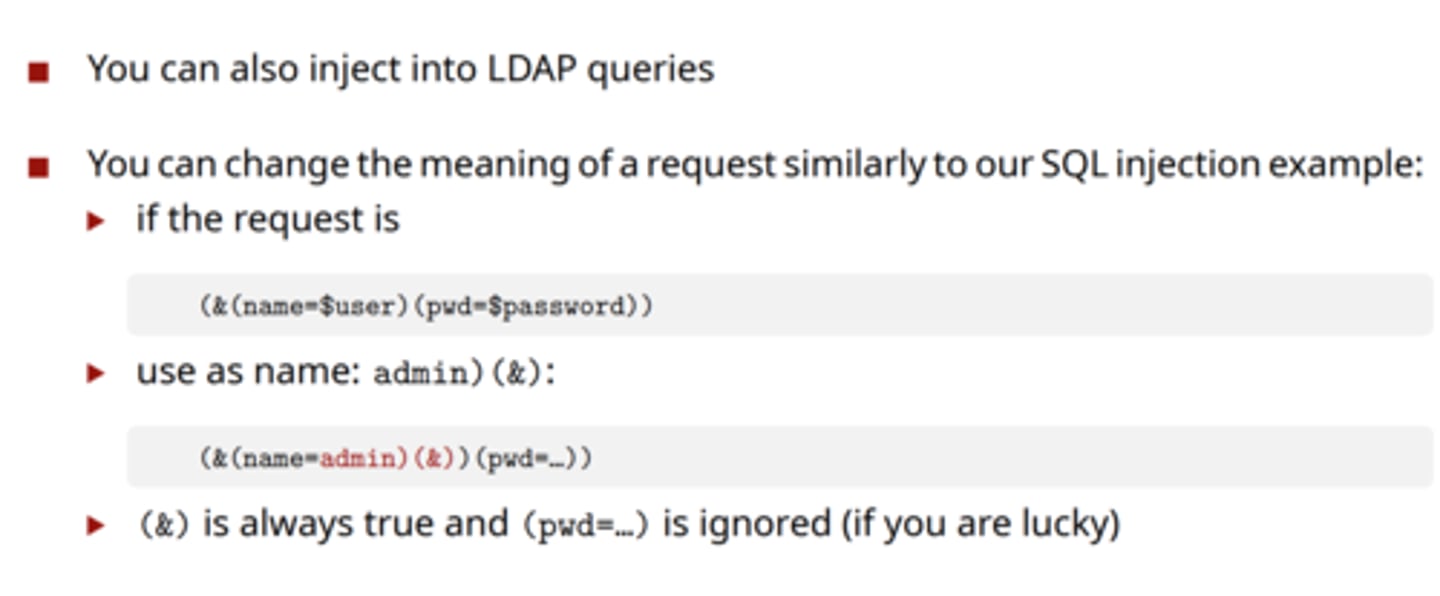 <p>Lightweight directory access protocol (LDAP) injection is a type of security vulnerability that occurs when an attacker is able to manipulate or inject malicious input into an LDAP query or command.</p><p>Modify LDAP requests to manipulate application results</p><p>https://example.com/searchusers?user=*</p>