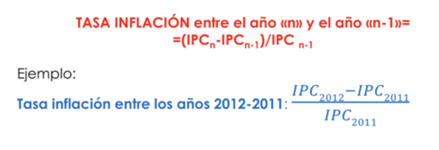 <p>tasa de inflación</p><p>tasa inflación entre un año (n) y otro año (n-1) = (IPCn - IPCn-1)/ IPCn-1</p>