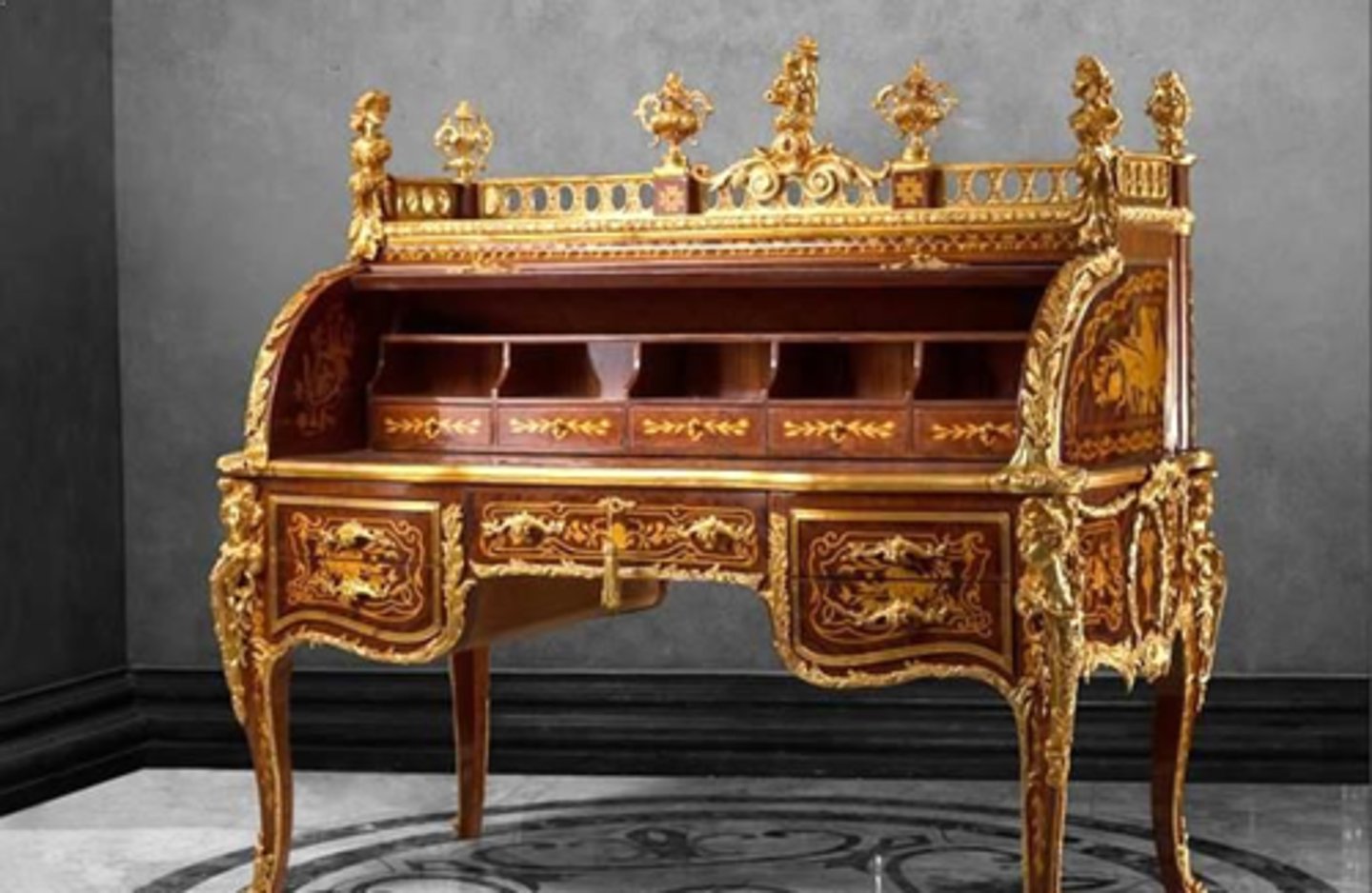 <p>French Rococo (Louis XV)</p><p>king's writing desk; took nine years to finish</p>